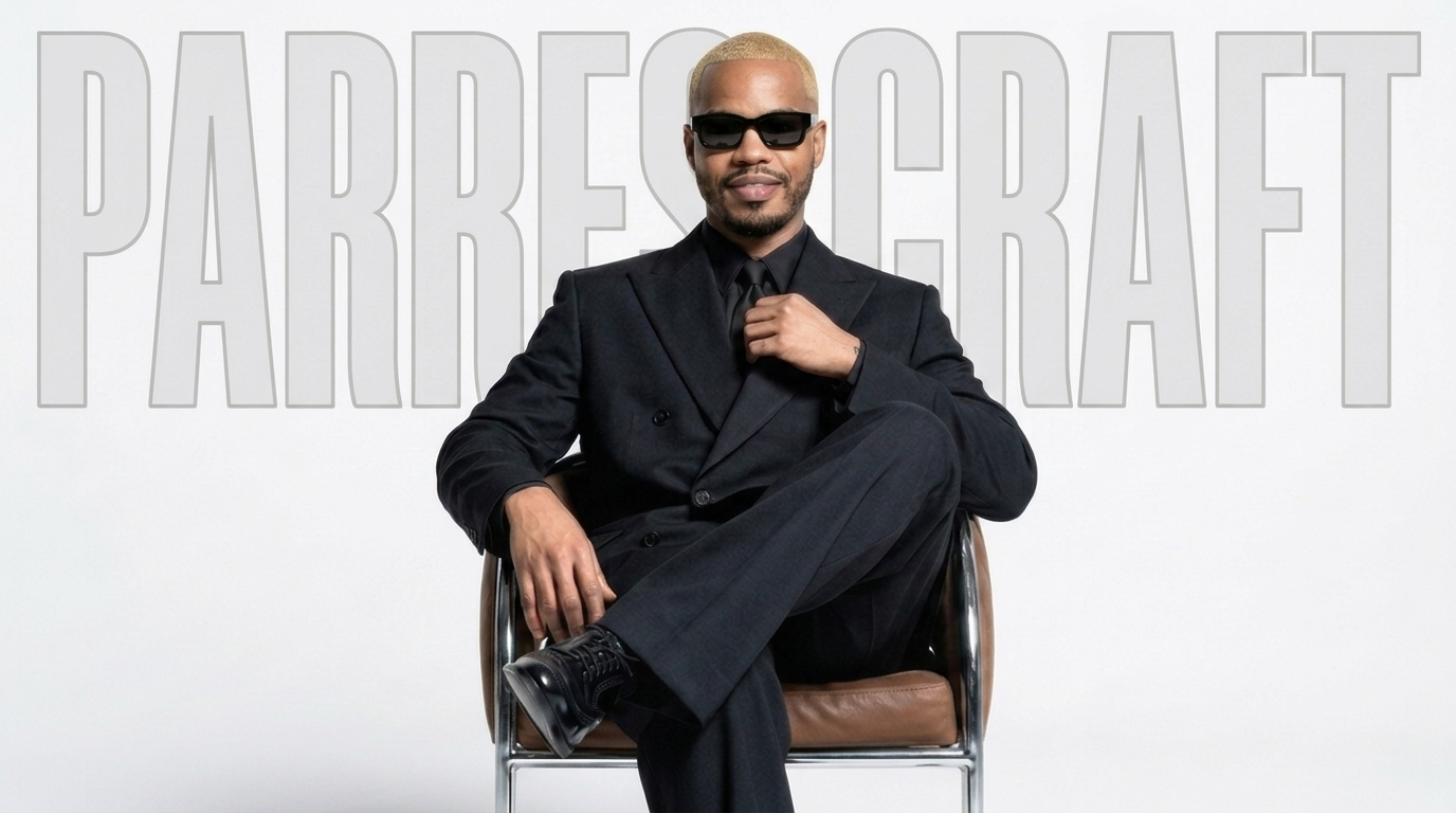 Parres Craft seated in a black tailored suit against a bright white studio backdrop, editorial portrait